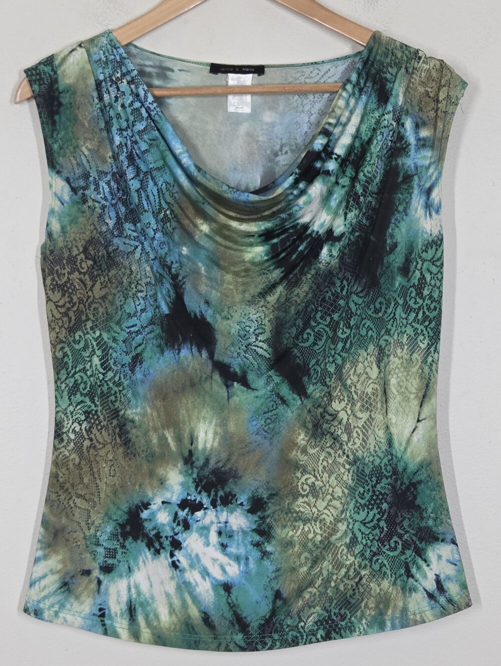 Vtg Y2K Green Blue Tie Dye Lace Print Cowl Neck Top M Fairy Grunge Whimsigoth